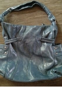 B Makowsky metallic blue gray sift  leather large hobo bag Purse Silver hardware